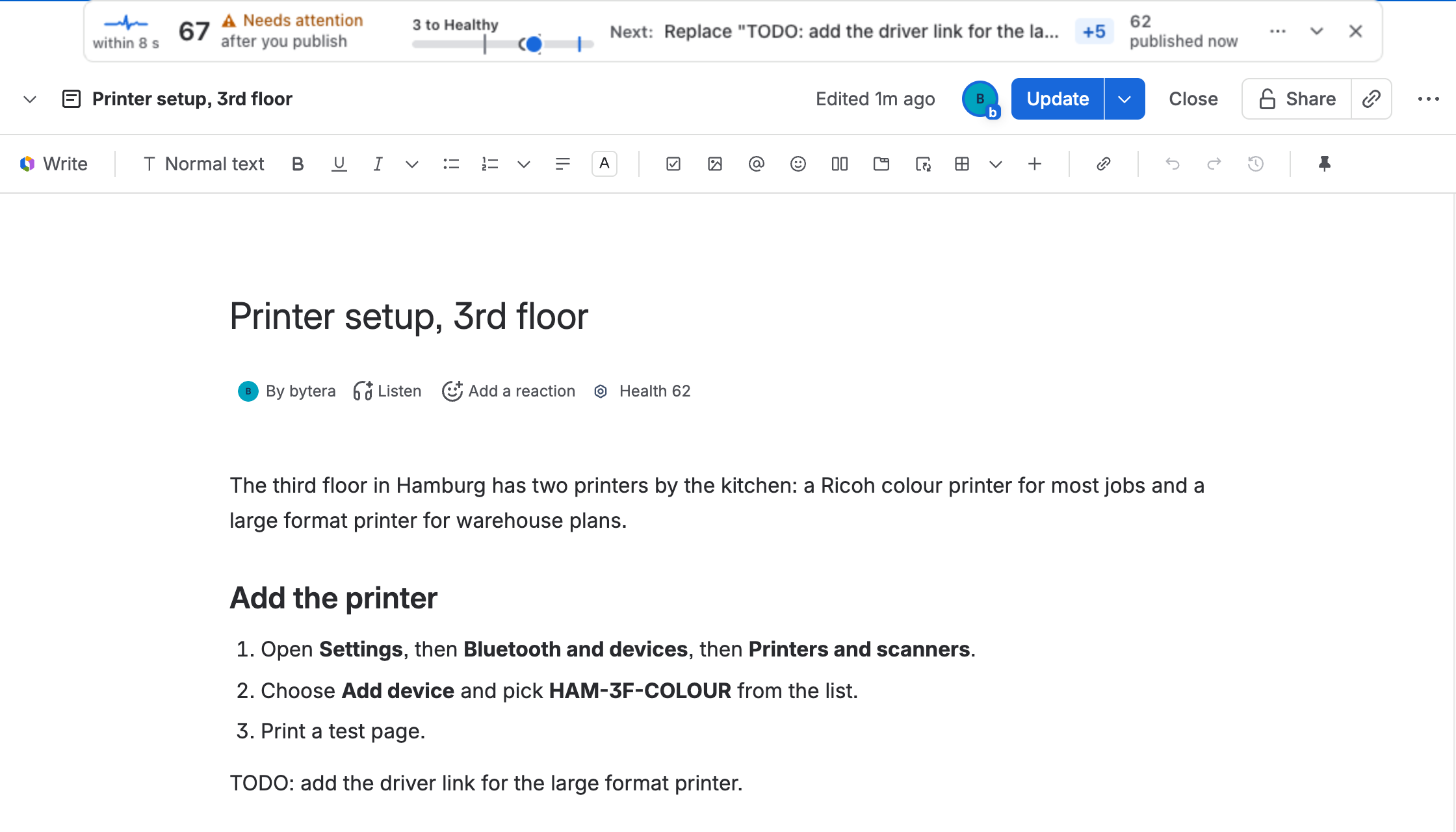 The Pulse line above a page in the Confluence editor: 67, Needs attention after you publish, 3 to Healthy, and the next step, Replace “TODO: add the driver link for the large format printer”, worth 5 points, beside 62 published now