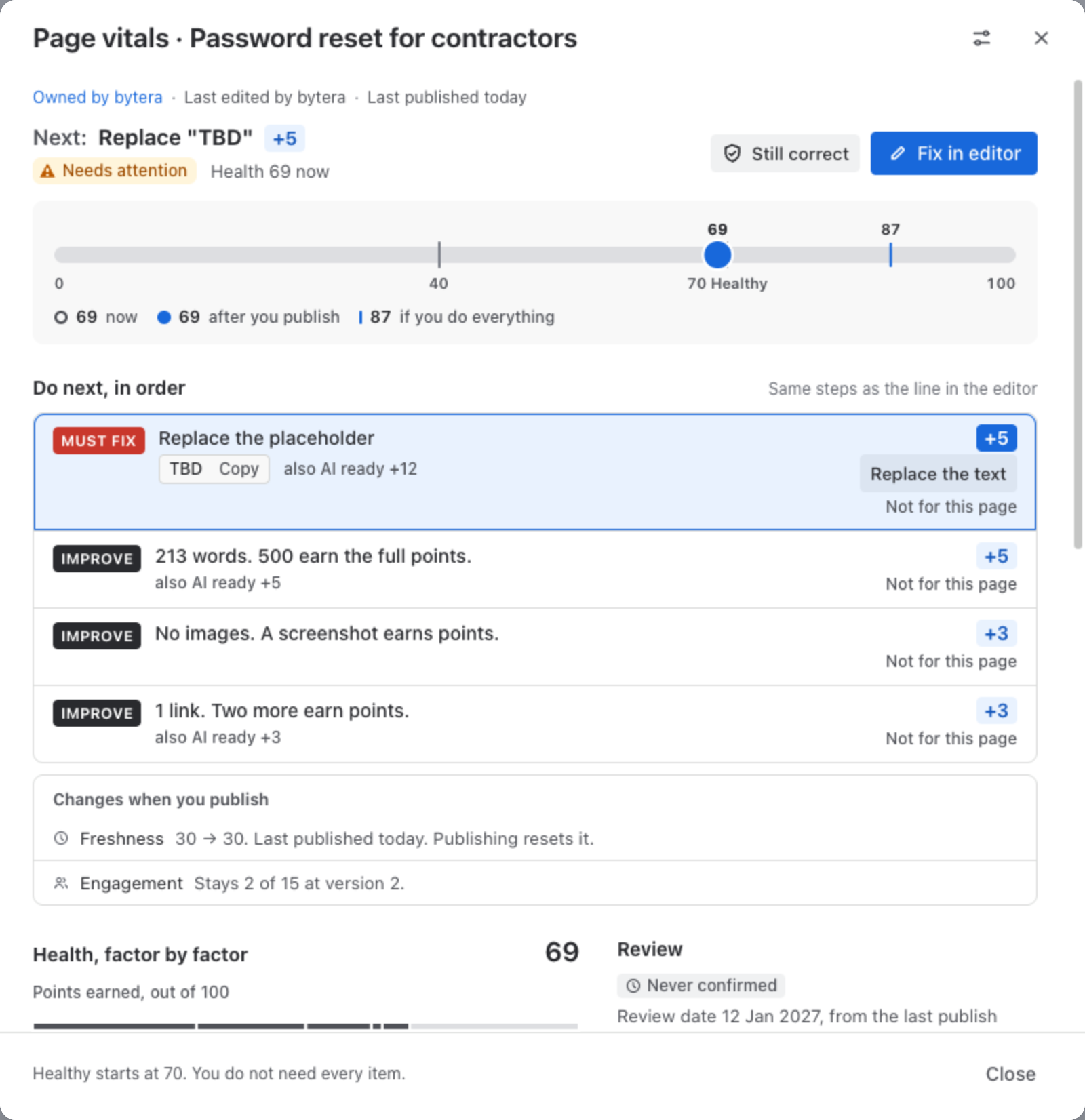 Page vitals for Password reset for contractors: owned by and last edited by the owner, last published today; Next, Replace “TBD” +5; Needs attention, Health 69 now; Still correct and Fix in editor; a scale marking 69 now, 69 after you publish and 87 if you do everything; Do next, in order, with a Must fix row Replace the placeholder that quotes TBD and offers Replace the text, then Improve rows for words, images and links; and Changes when you publish