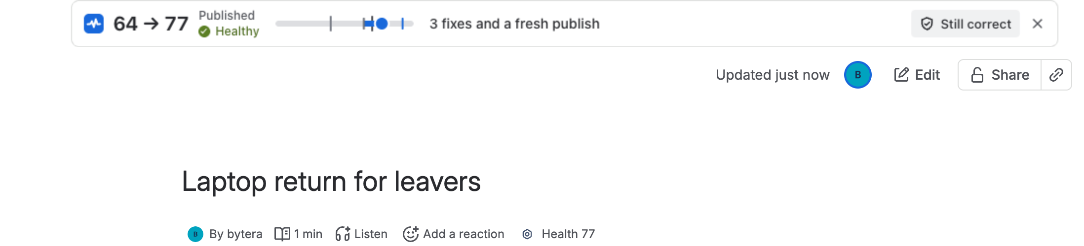 The publish receipt above Laptop return for leavers: 64 → 77, Published, Healthy, 3 fixes and a fresh publish, with Still correct