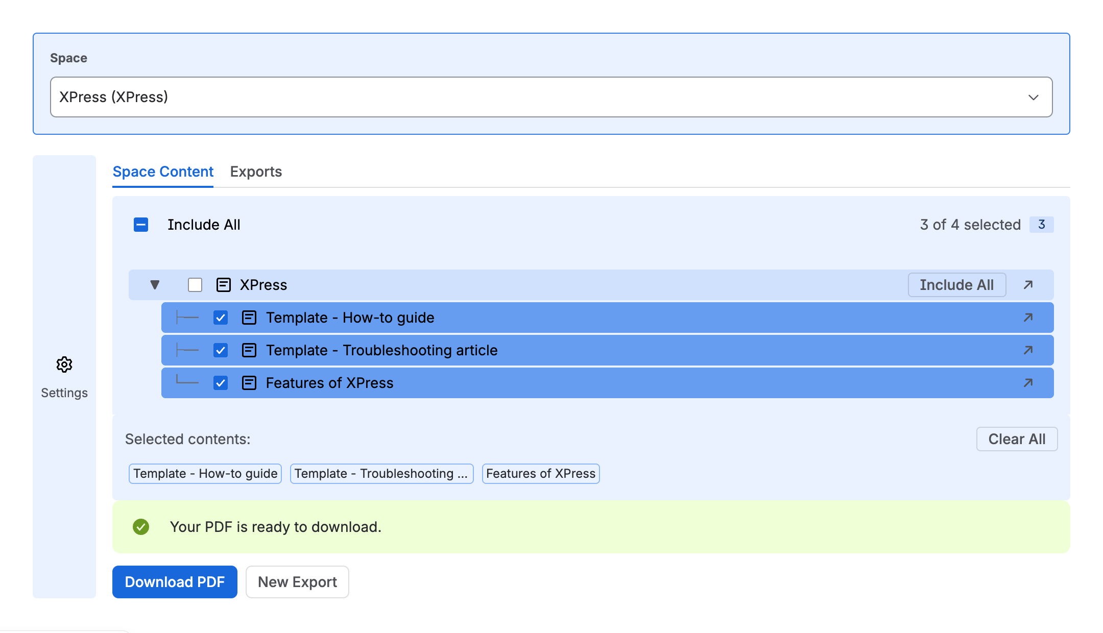 A finished export showing “Your PDF is ready to download” with Download PDF and New Export buttons