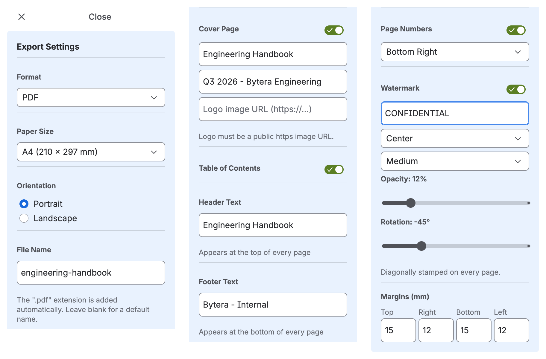 The export settings, with format, paper size, cover page, contents page, header and footer, page numbers, watermark, and margin controls